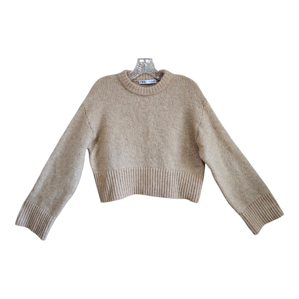 ZARA Women's L Sweater Light Tan Cropped Long Sleeve Alpaca Linen Polyester 42"